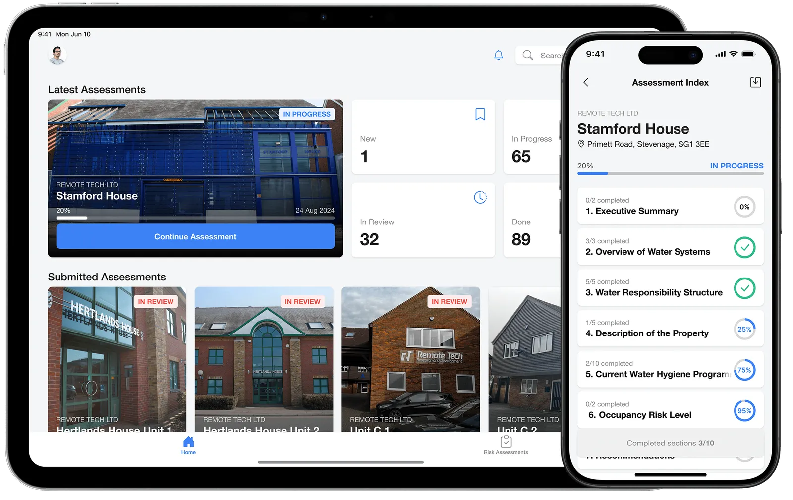 RaApp on a tablet and phone, showing an assessment dashboard and a property assessment index